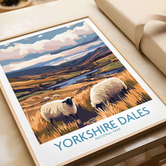 Yorkshire Dales National Park Poster England featuring grazing sheep and scenic landscapes.