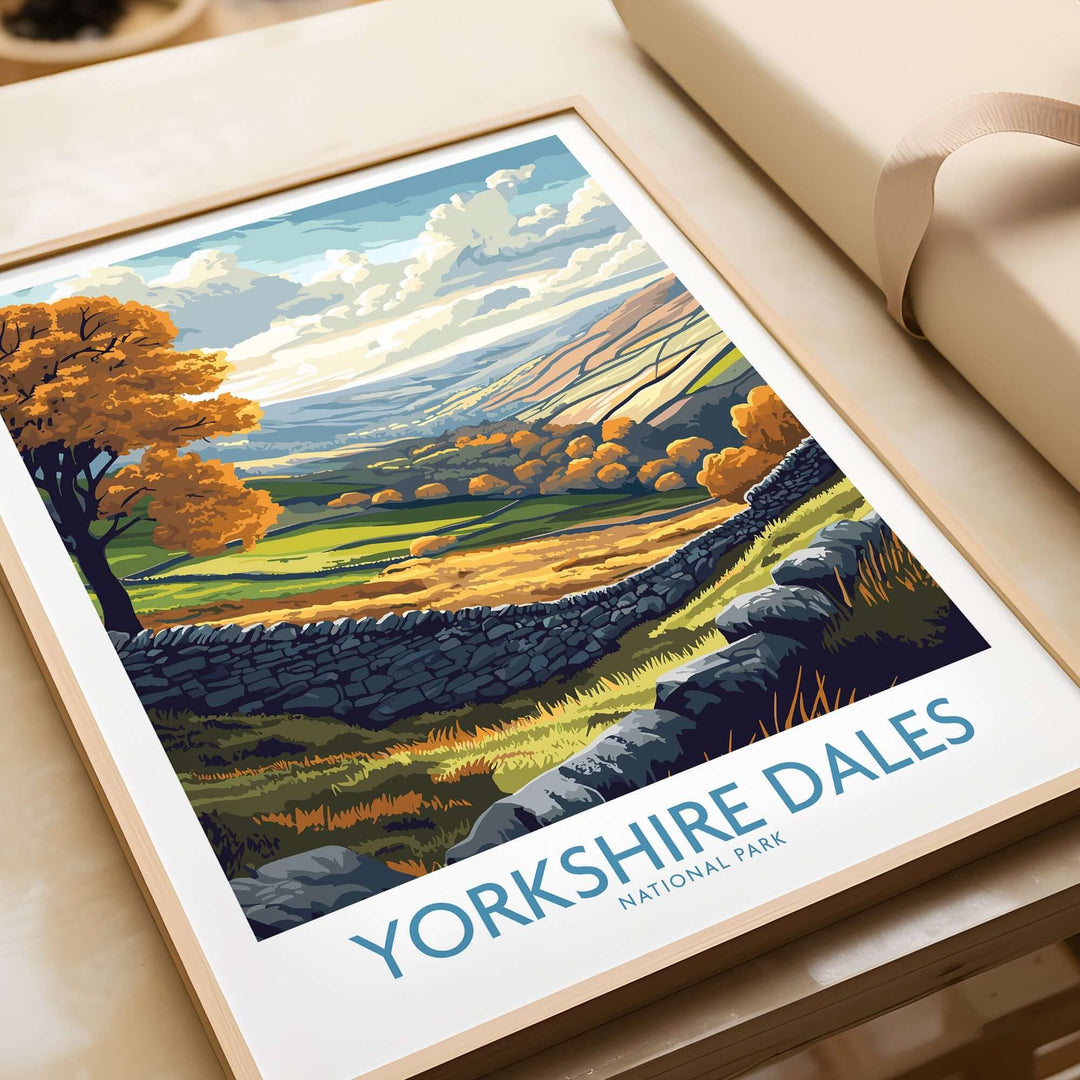 Yorkshire Dales National Park poster featuring rolling hills, vibrant autumn trees, and a stone wall landscape.