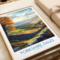 Yorkshire Dales National Park Poster showcasing rolling hills and autumn trees in a vibrant landscape.