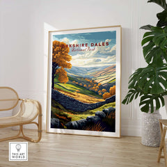 Yorkshire Dales National Park Print beautifully displayed in a cozy home setting with vibrant landscapes.