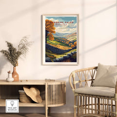 Yorkshire Dales National Park Print featuring vibrant landscapes and warm colors in a stylish living room setting.