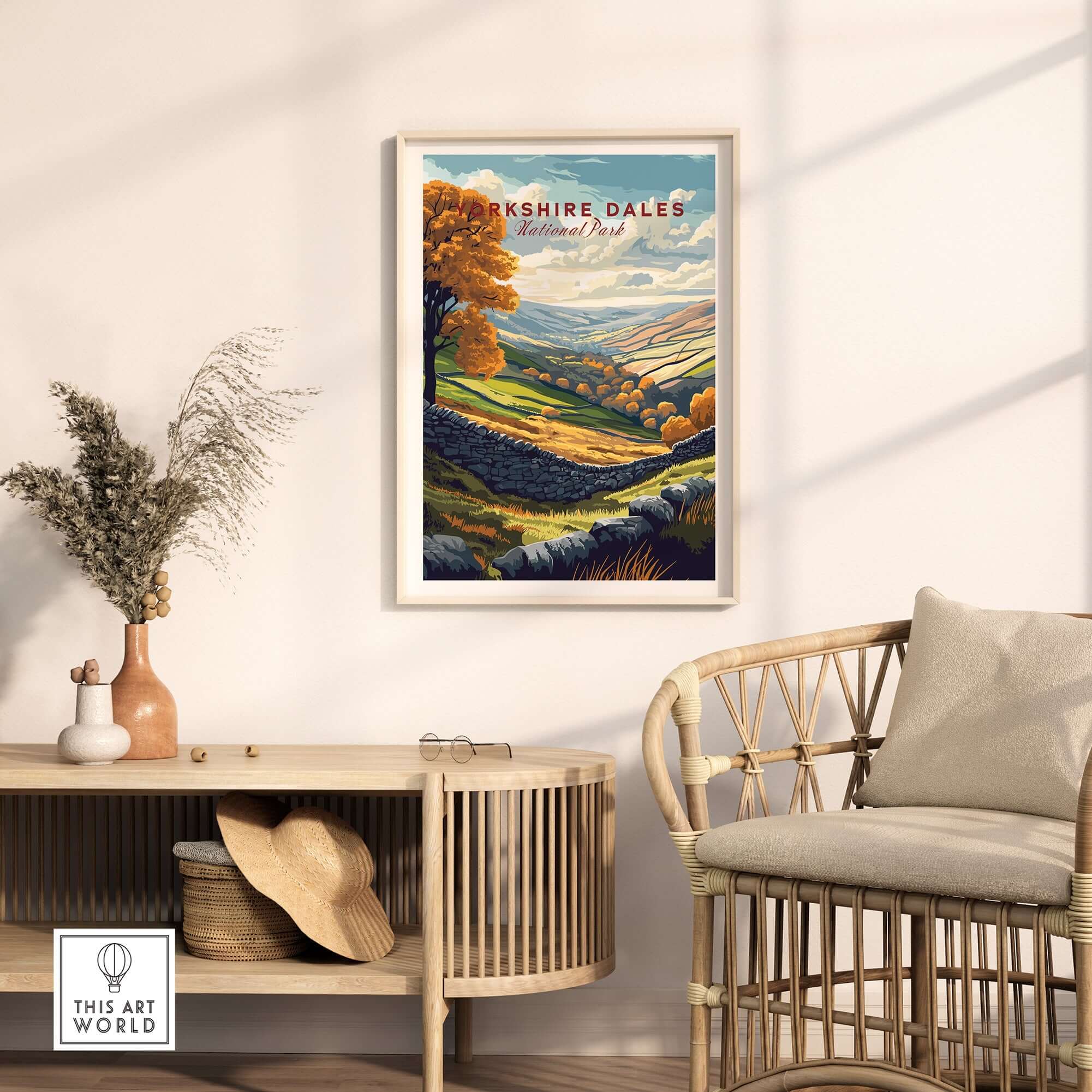 Yorkshire Dales National Park Print featuring vibrant landscapes and warm colors in a stylish living room setting.