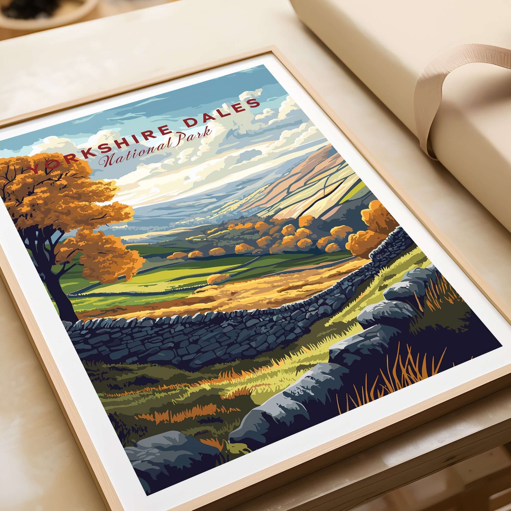 Yorkshire Dales National Park Print featuring vibrant landscapes and colorful autumn trees.