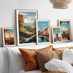 Yorkshire Dales National Park Print displayed among other travel posters on a stylish wall.