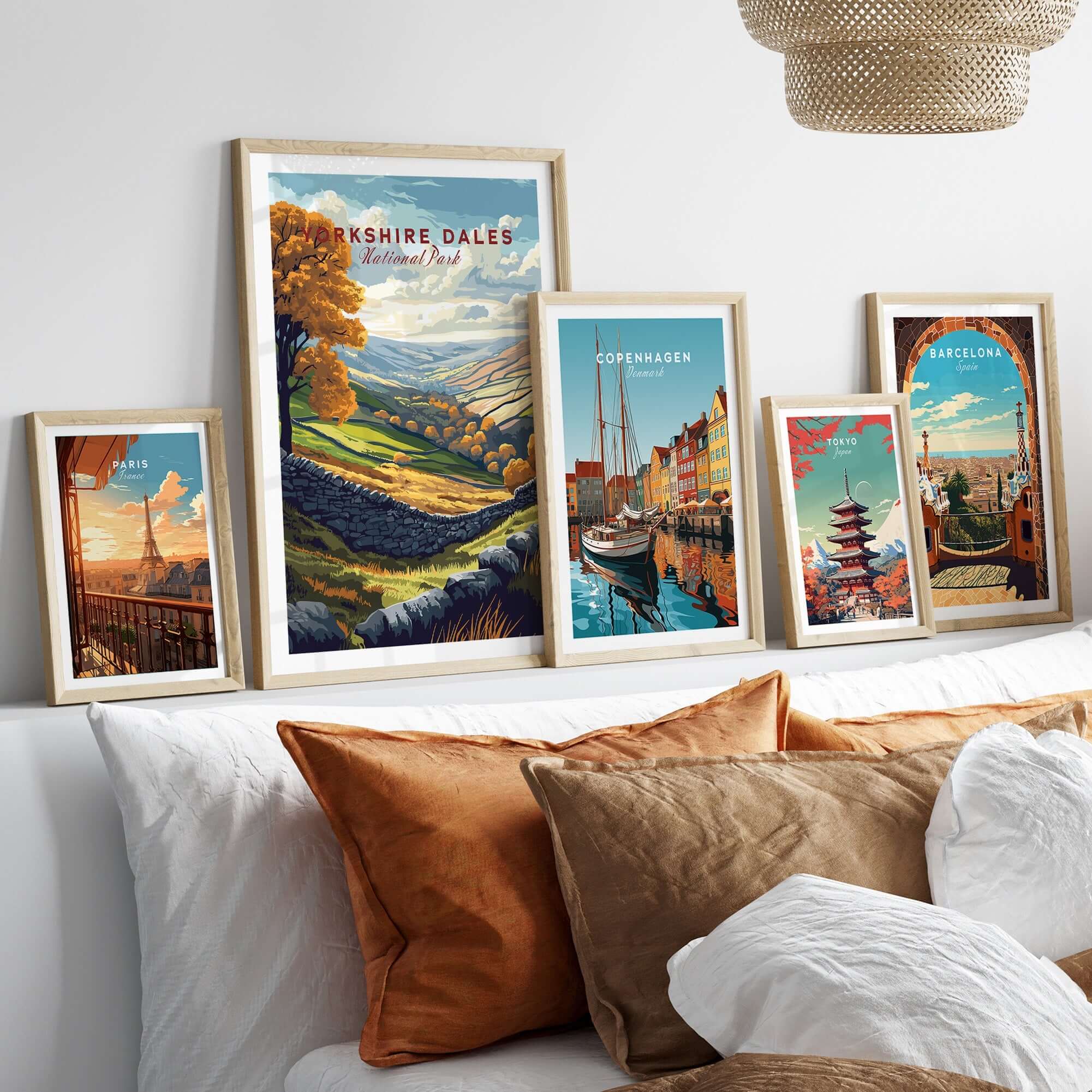 Yorkshire Dales National Park Print displayed among other travel posters on a stylish wall.