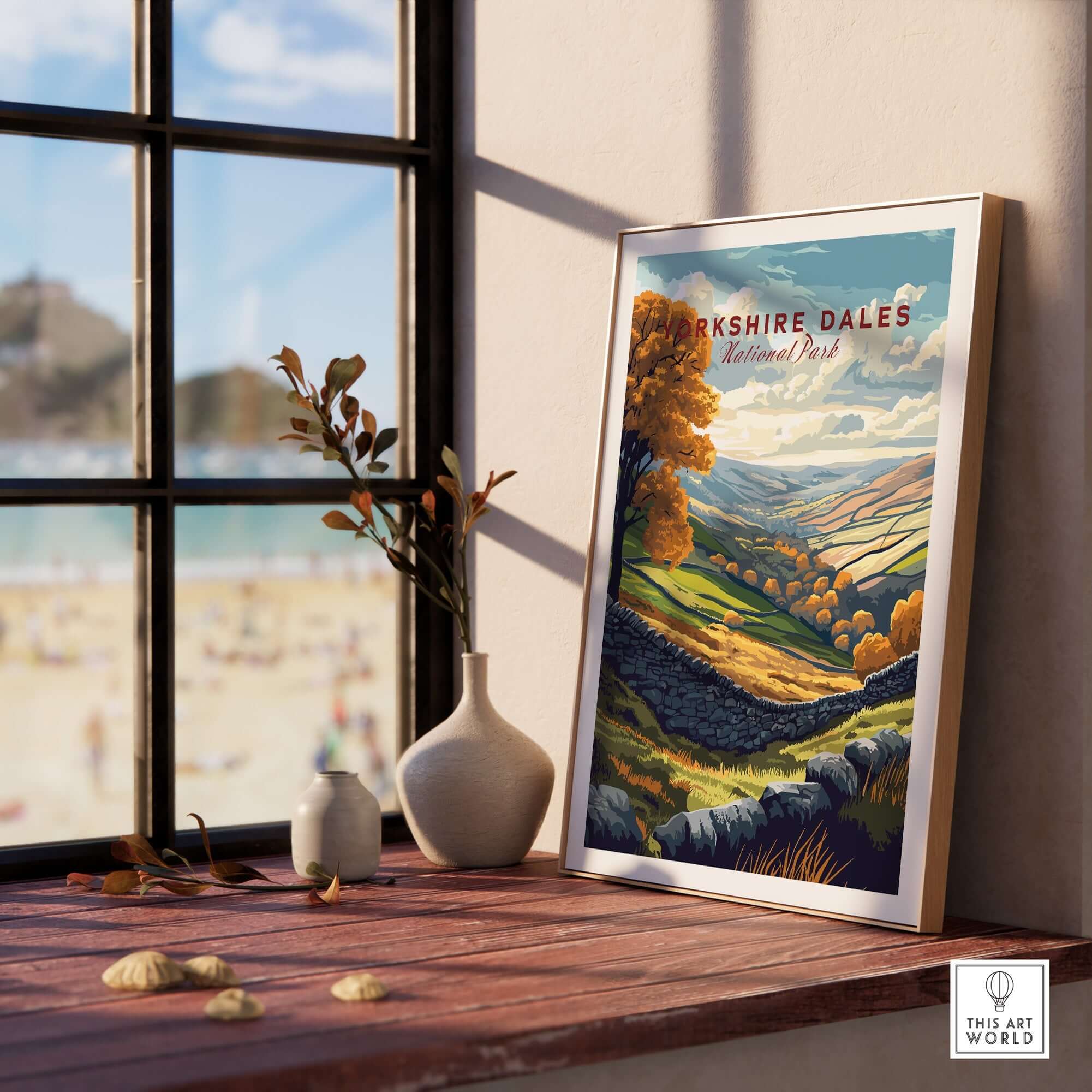 Yorkshire Dales National Park Print displayed in a bright room, showcasing vibrant landscapes and colors.