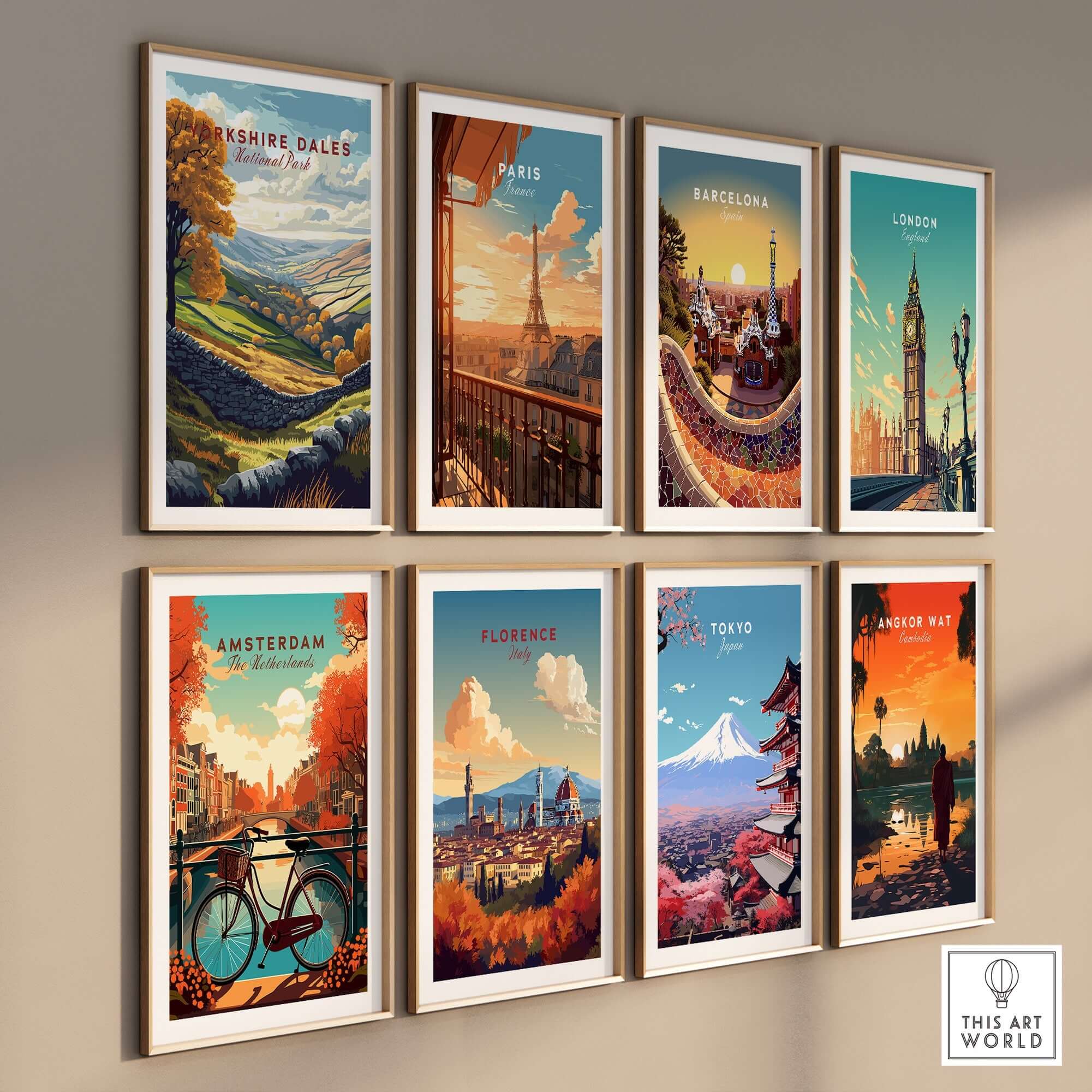 Yorkshire Dales National Park Print and city prints displayed in stylish frames on a wall.