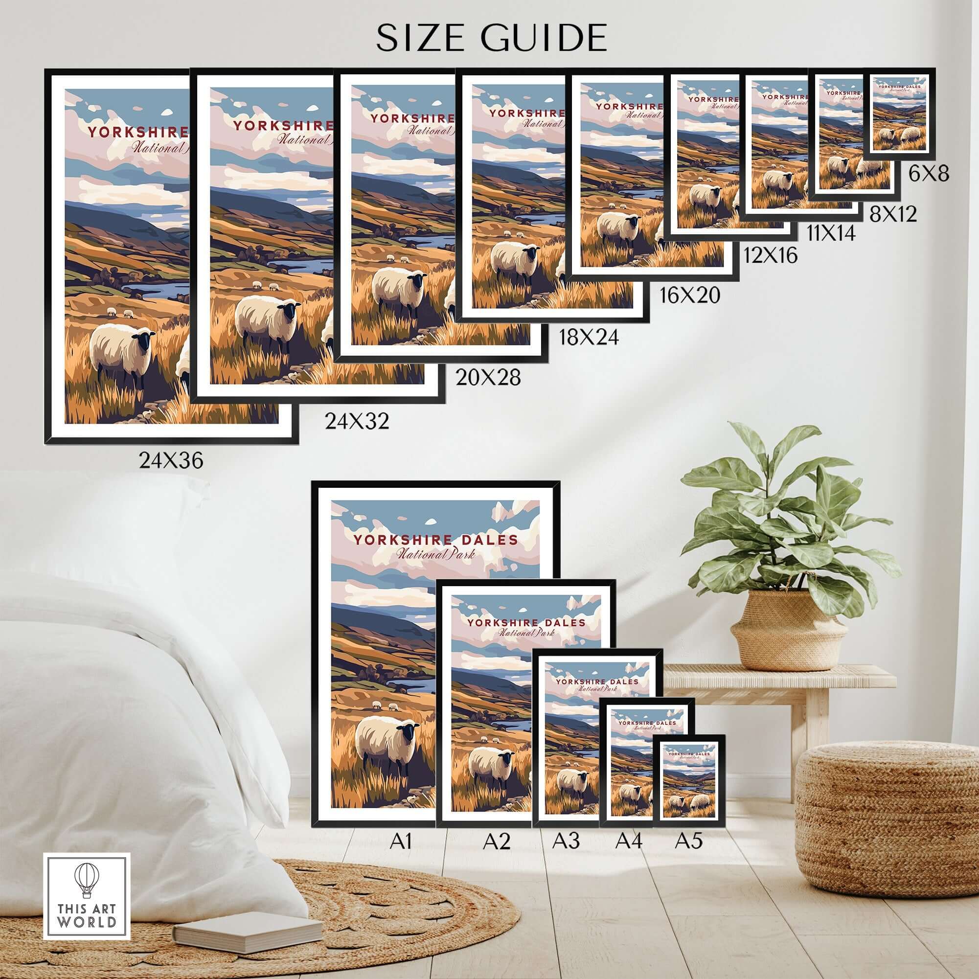 Yorkshire Dales National Park Print England size guide showing various frame dimensions in a home setting.