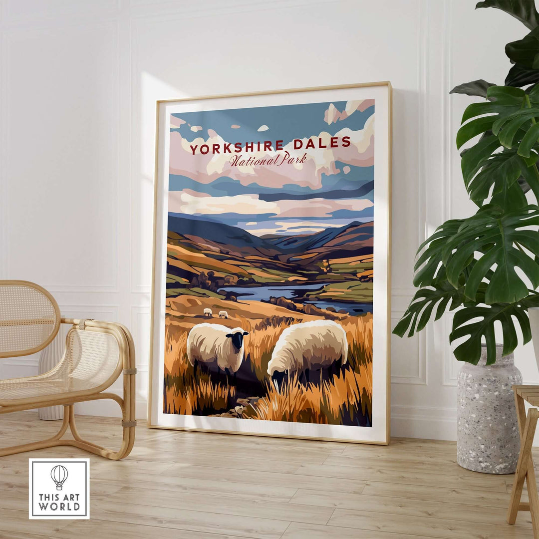 Yorkshire Dales National Park art print featuring sheep and rolling hills, enhancing home decor with English charm.