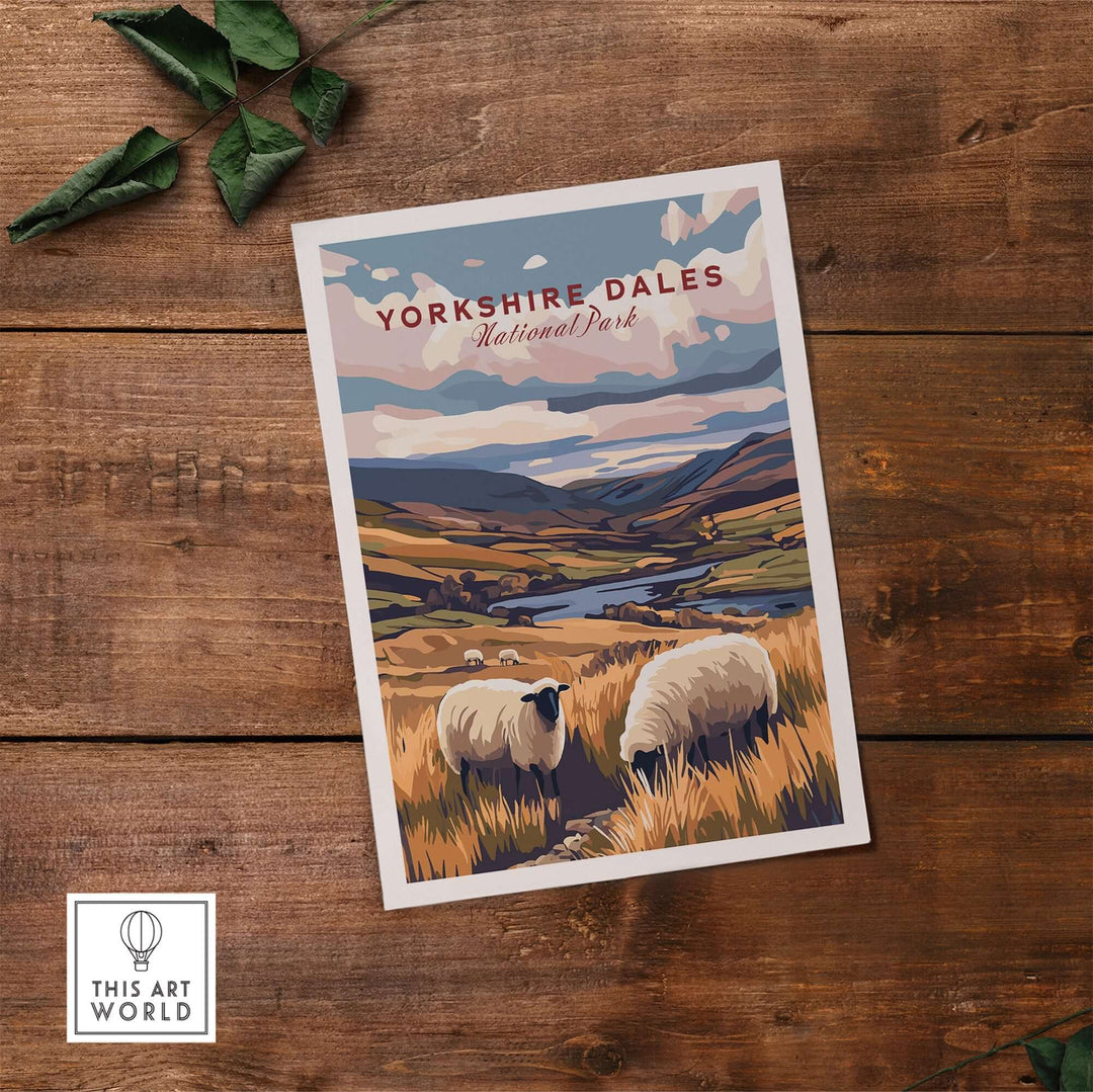 Yorkshire Dales National Park print featuring rolling hills and grazing sheep, perfect for nature lovers and home decor.