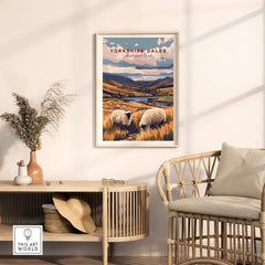 Yorkshire Dales National Park Print England framed art in cozy living room with sheep and rolling hills.