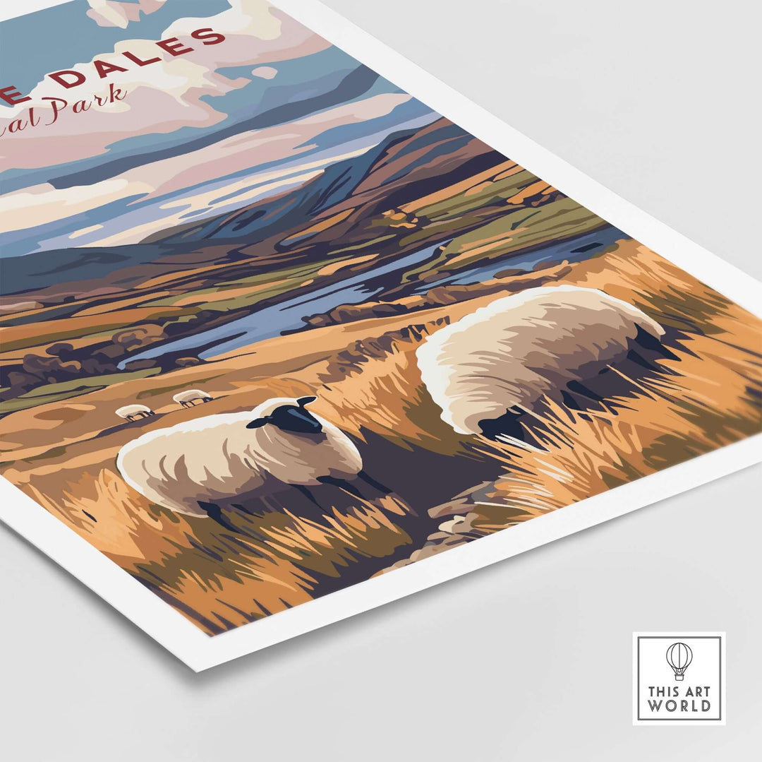 Yorkshire Dales National Park print featuring rolling hills and grazing sheep, showcasing England's natural beauty.