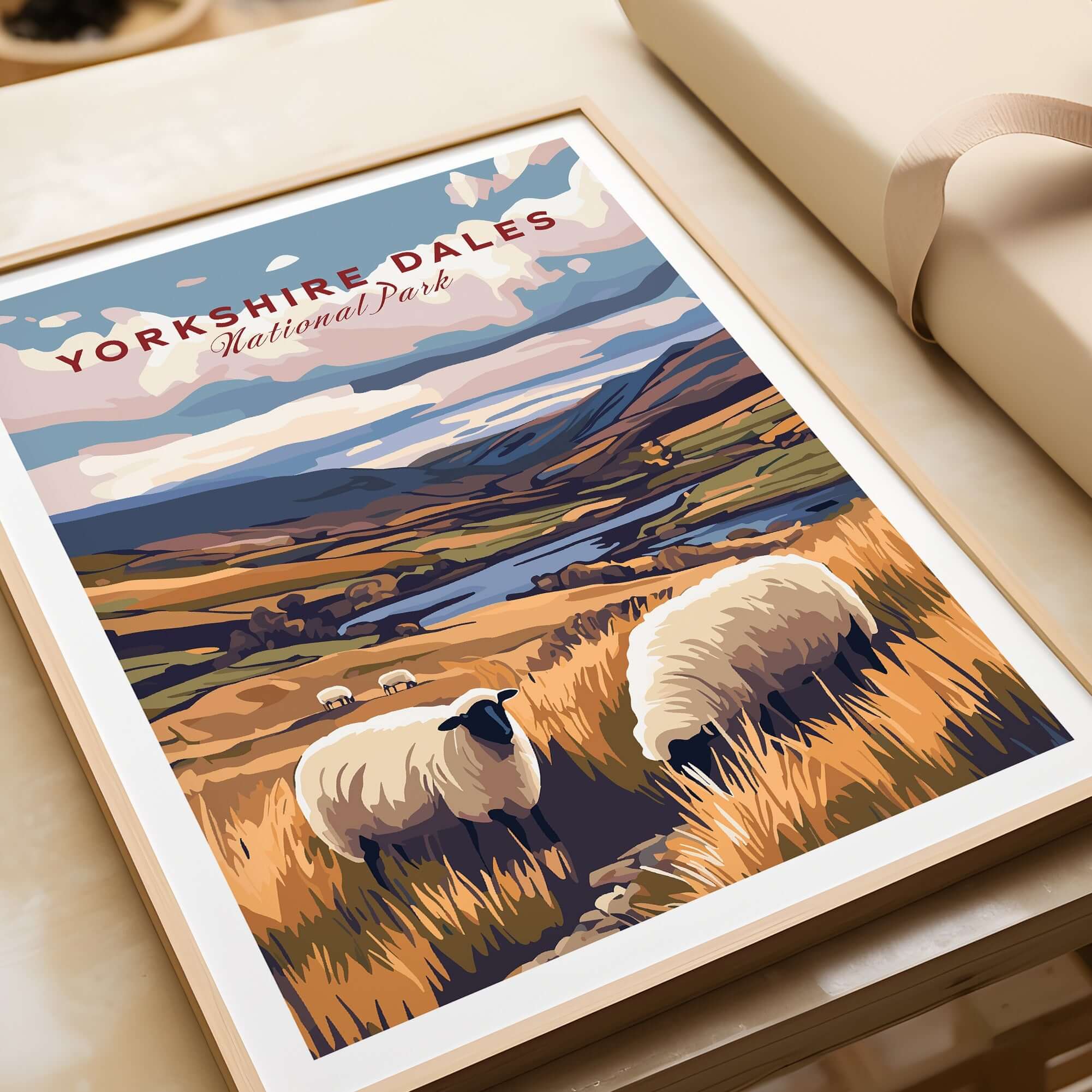 Yorkshire Dales National Park Print England featuring grazing sheep and rolling hills in a framed artwork.
