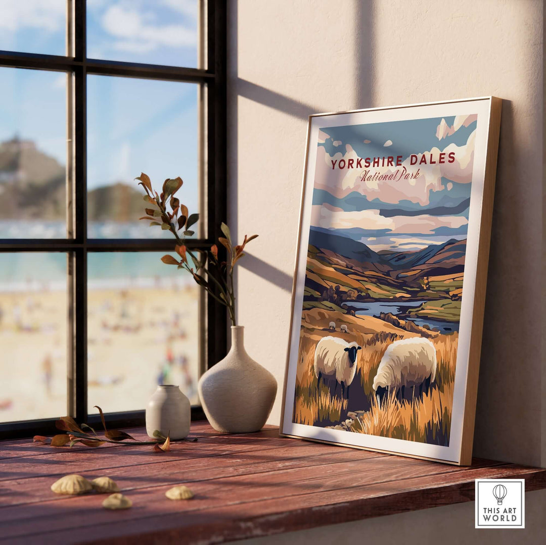 Yorkshire Dales National Park print featuring rolling hills and sheep, displayed in a cozy interior setting.