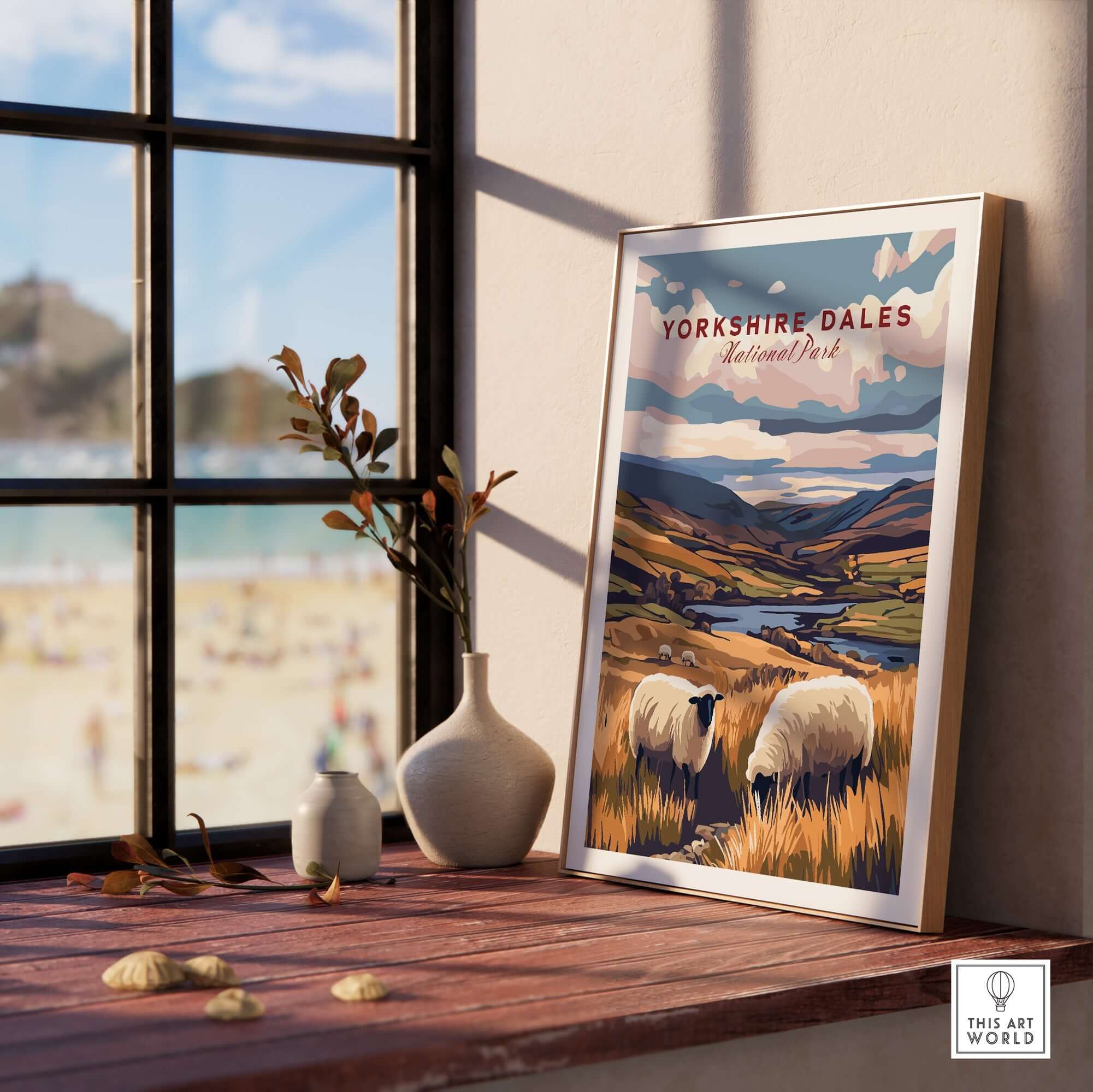 Yorkshire Dales National Park Print England displayed in a bright room with a scenic view and decorative elements.