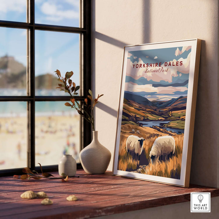 Yorkshire Dales National Park print featuring rolling hills and sheep, displayed in a cozy interior setting.