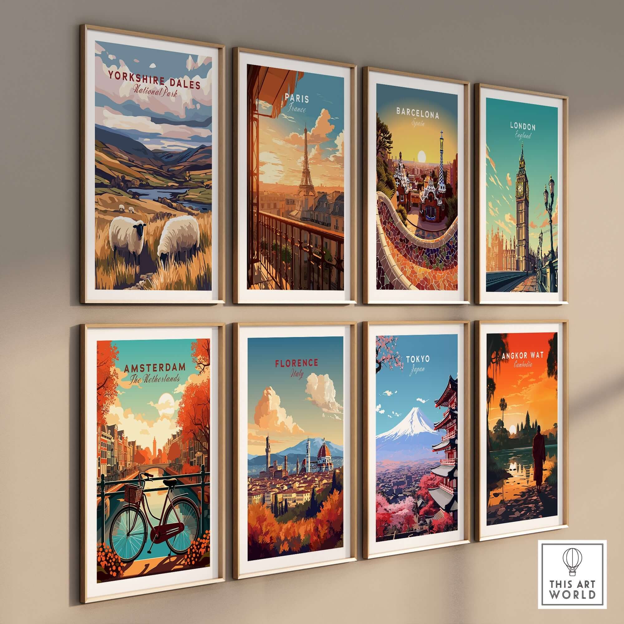 Yorkshire Dales National Park Print England among other city prints on a decorative wall.