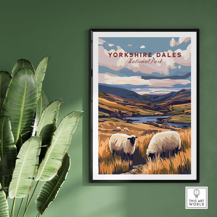 Yorkshire Dales National Park print featuring rolling hills and grazing sheep, showcasing England's natural beauty.