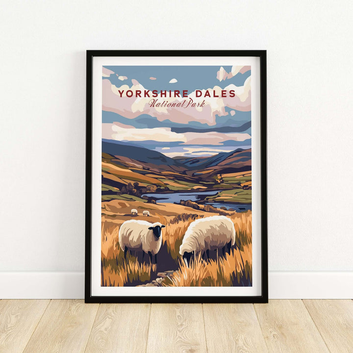 Yorkshire Dales National Park print featuring rolling hills and grazing sheep, perfect for home decor.