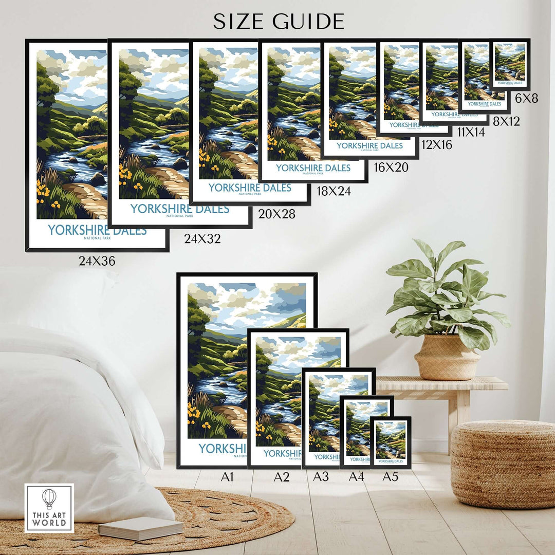 Size guide for Yorkshire Dales travel poster displays various frame sizes and nature-inspired designs.