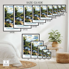 Size guide for Yorkshire Dales National Park Travel Poster showcasing various dimensions and stunning landscape design.