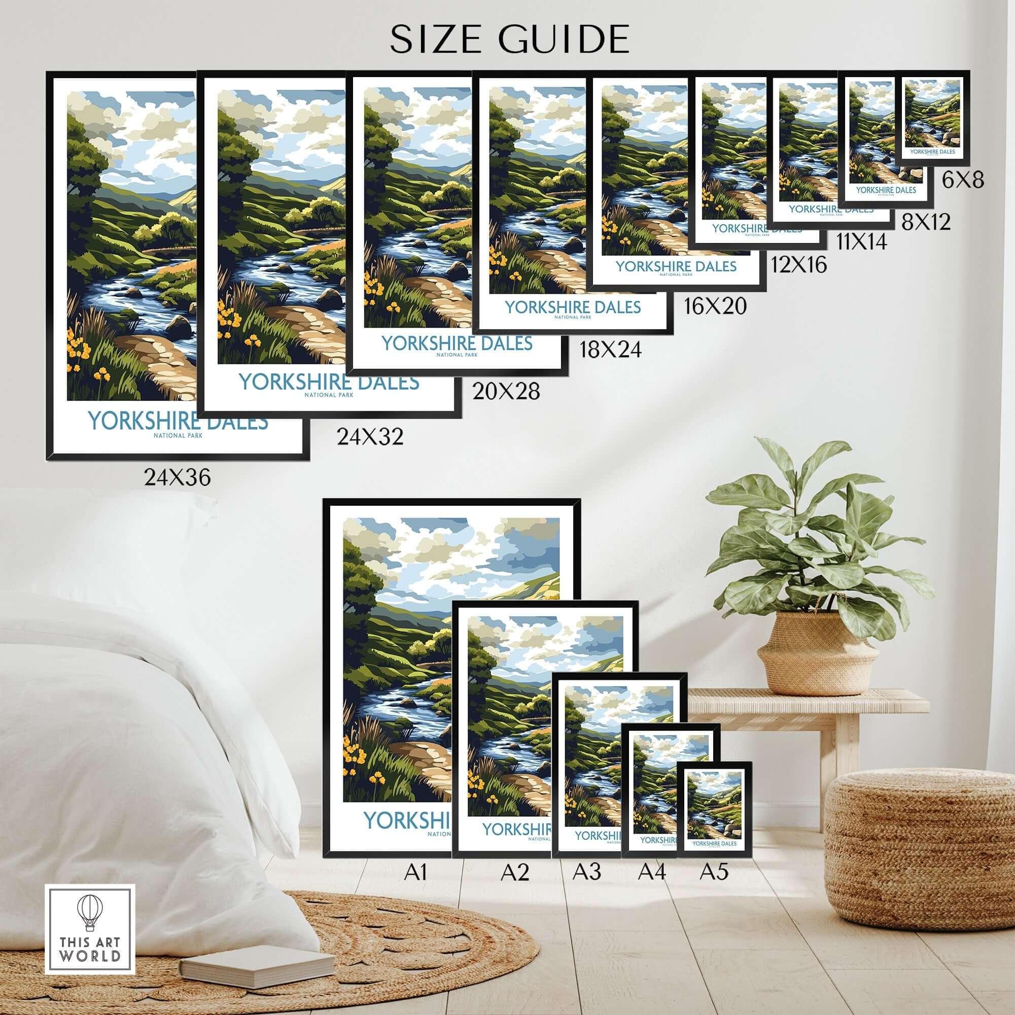 Size guide for Yorkshire Dales National Park Travel Poster showcasing various dimensions and stunning landscape design.