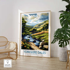 Yorkshire Dales National Park Travel Poster featuring a scenic landscape with a stream and hills.