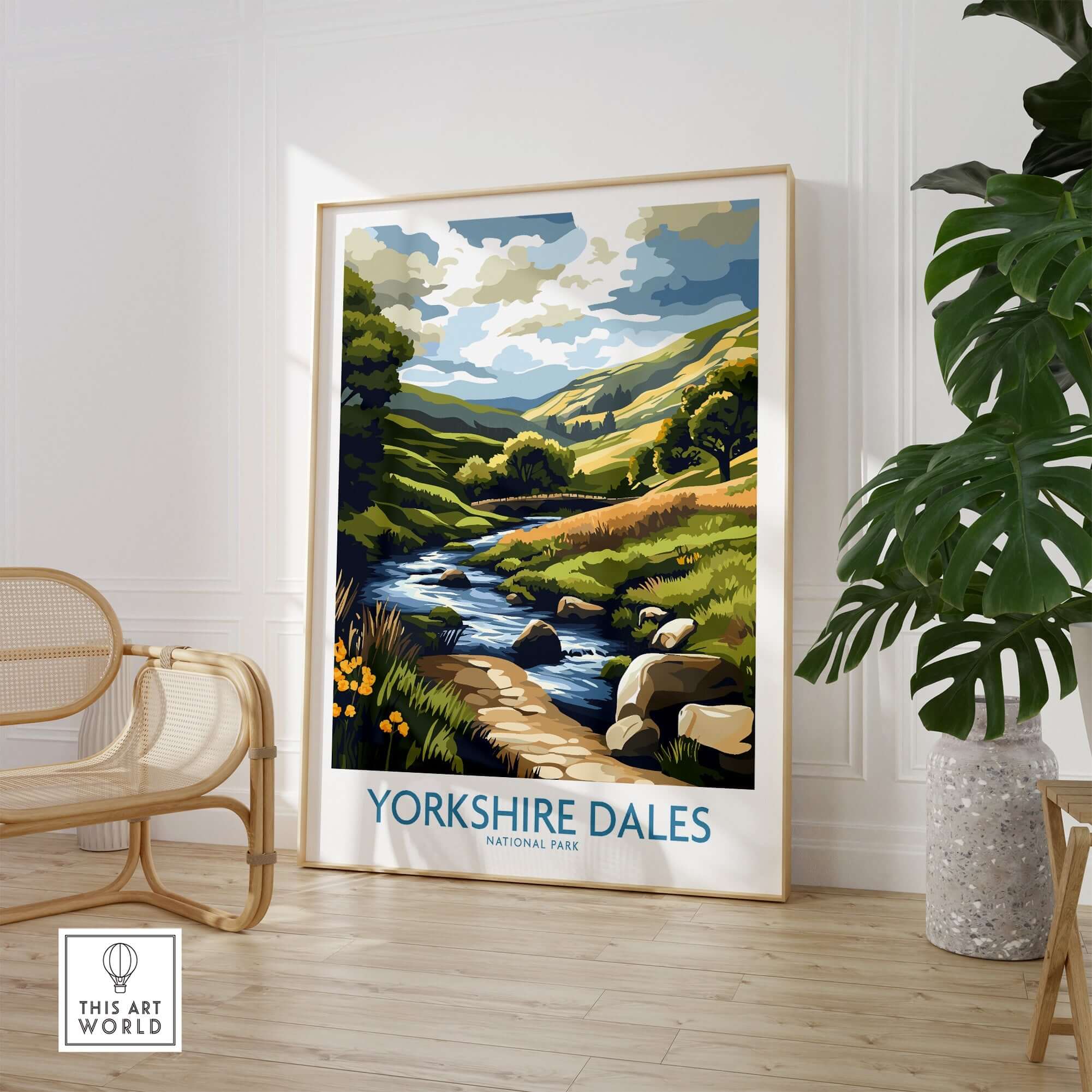 Yorkshire Dales National Park Travel Poster featuring a scenic landscape with a stream and hills.
