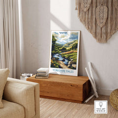 Yorkshire Dales National Park Travel Poster showcasing scenic landscapes and tranquil streams in a cozy interior setting.