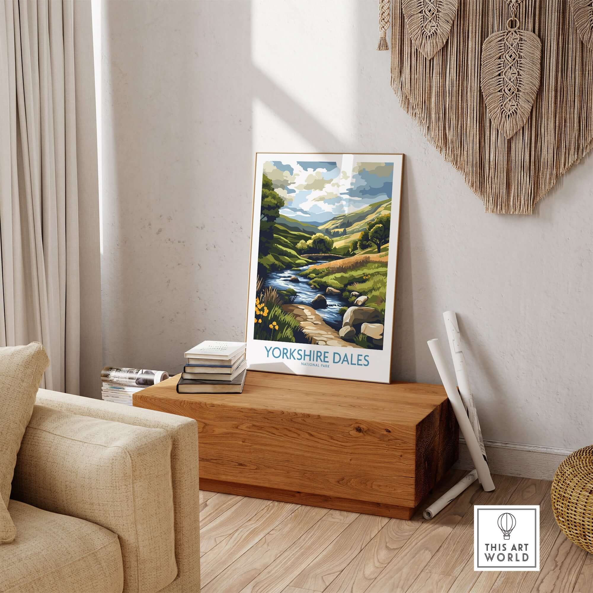 Yorkshire Dales National Park Travel Poster showcasing scenic landscapes and tranquil streams in a cozy interior setting.