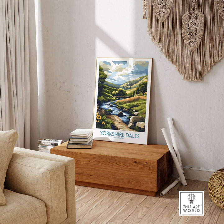 Yorkshire Dales National Park travel poster showcasing scenic landscapes in a cozy home setting.