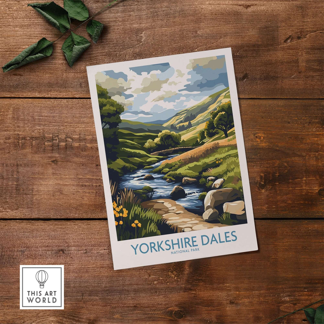 Yorkshire Dales National Park travel poster showcasing scenic landscapes and a serene river view, perfect for home decor.