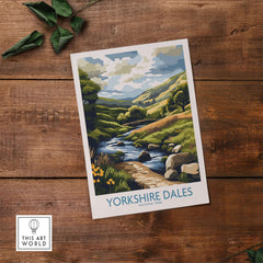 Yorkshire Dales National Park Travel Poster showcasing a scenic landscape with a river and green hills.