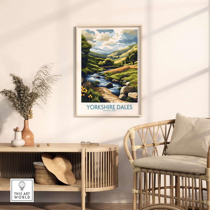 Yorkshire Dales National Park travel poster showcasing scenic landscapes in a stylish home setting.