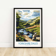 Yorkshire Dales National Park Travel Poster showcasing a picturesque landscape and serene stream.
