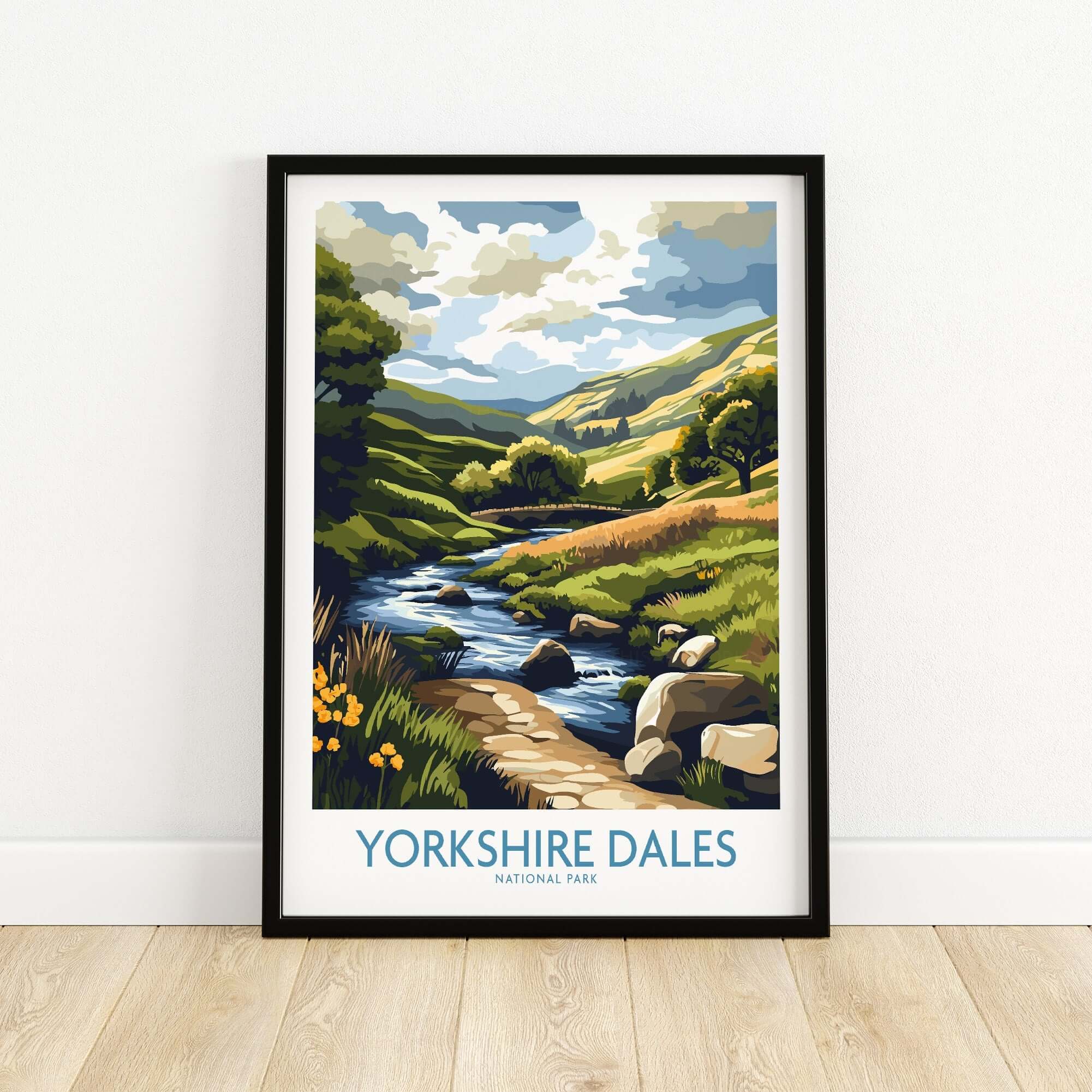 Yorkshire Dales National Park Travel Poster showcasing a picturesque landscape and serene stream.