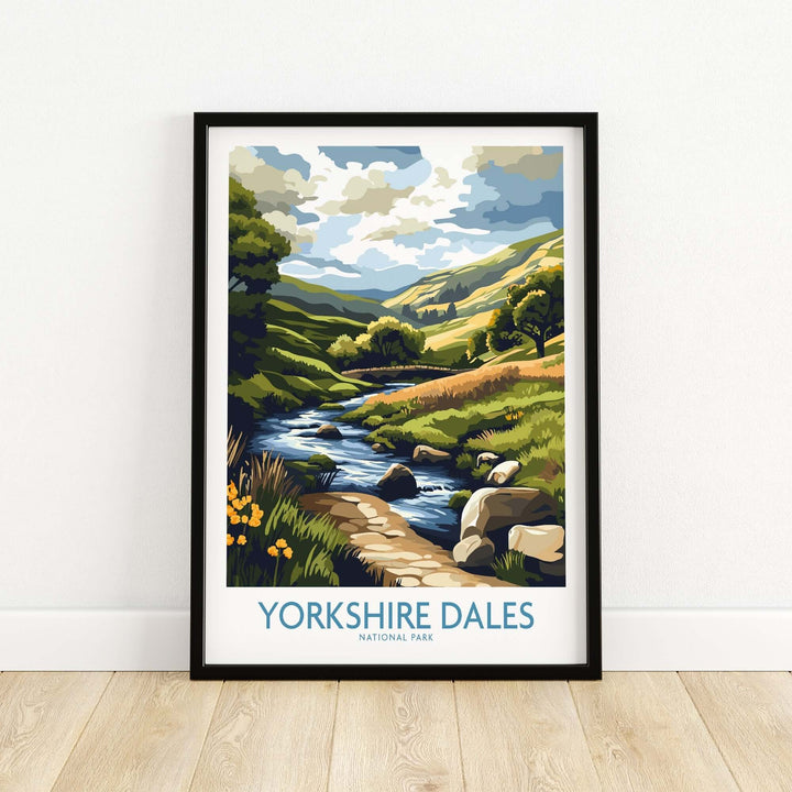 Yorkshire Dales National Park travel poster featuring vibrant landscapes and a serene river scene in a stylish frame.