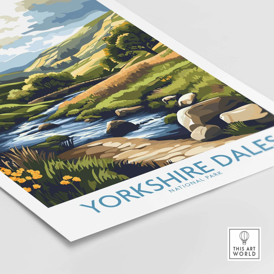 Yorkshire Dales National Park travel poster featuring picturesque landscapes and a serene river scene.