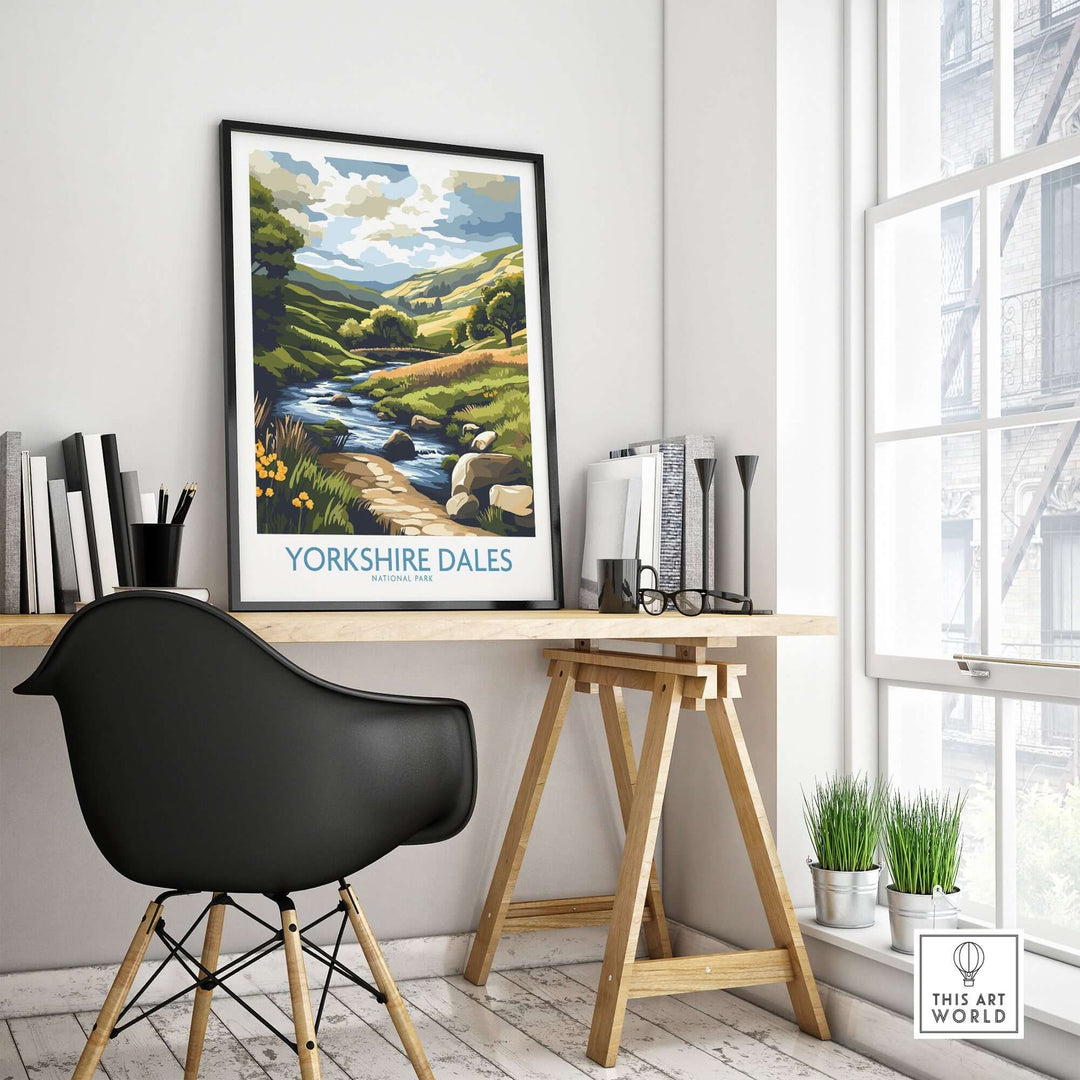 Yorkshire Dales National Park travel poster displayed in a stylish home office with a modern chair and desk.