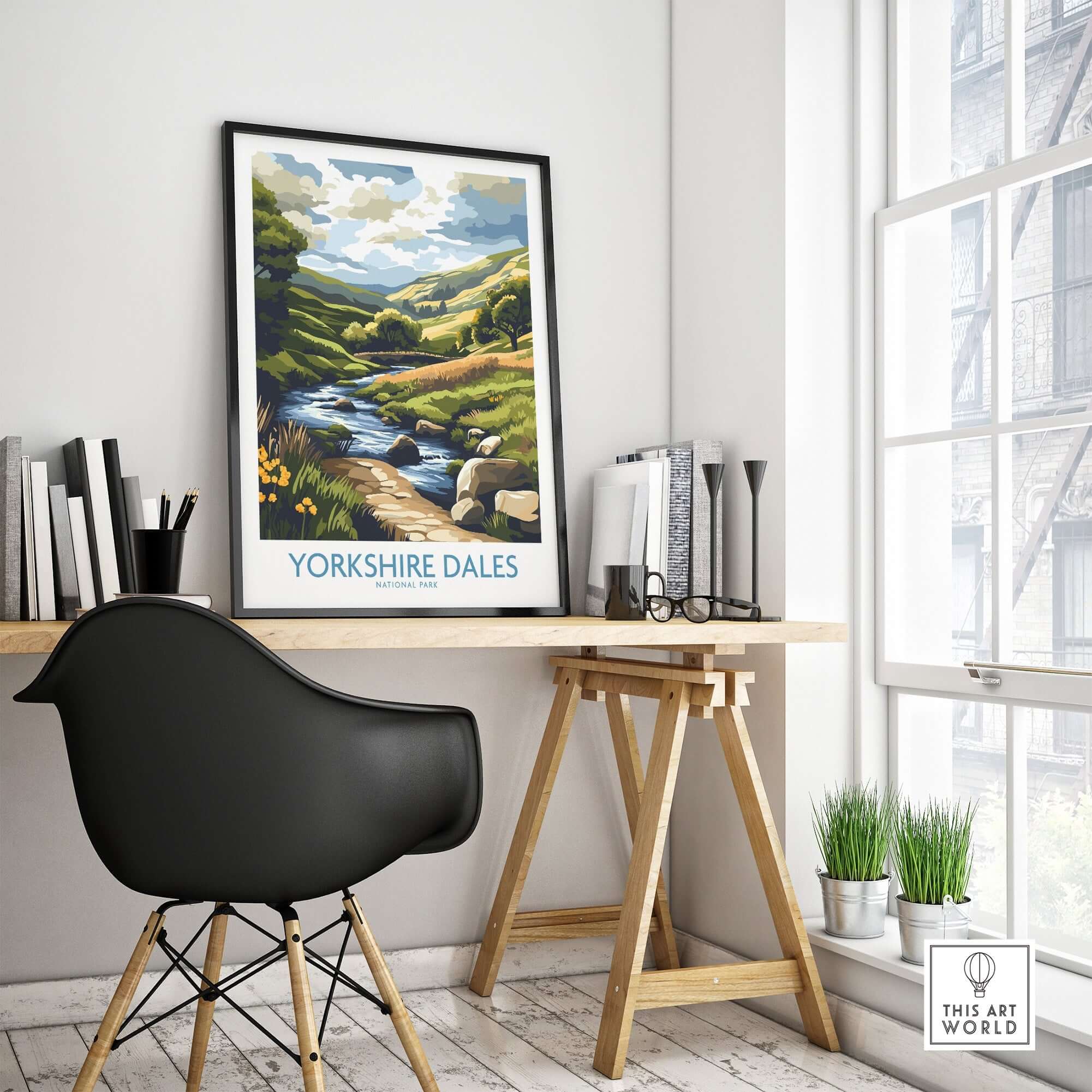 Yorkshire Dales National Park Travel Poster featuring a scenic river landscape in a modern home office decor.