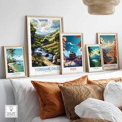 Yorkshire Dales National Park Travel Poster displayed among other travel posters on a stylish wall shelf.