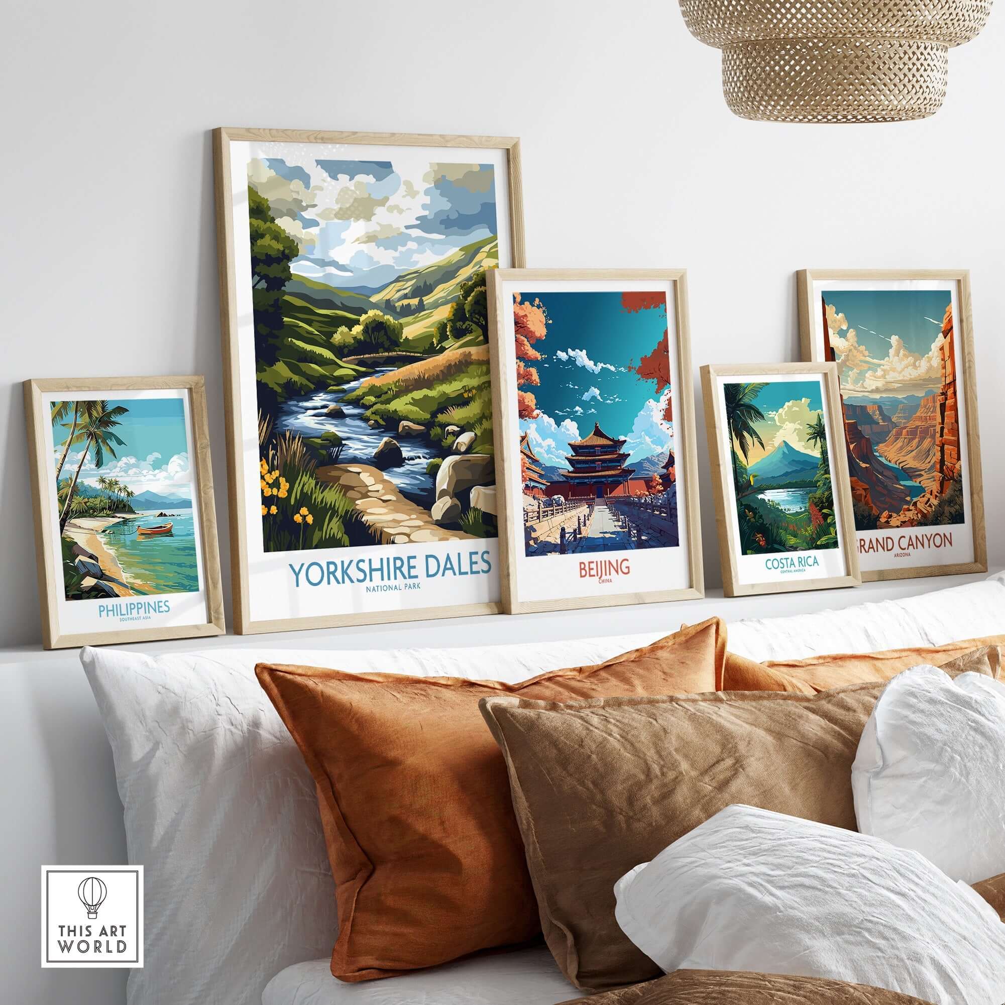 Yorkshire Dales National Park Travel Poster displayed among other travel posters on a stylish wall shelf.