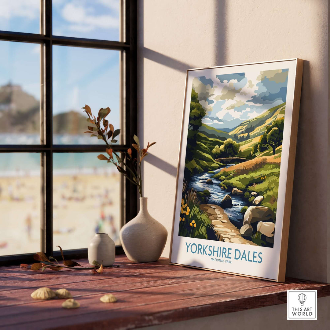 Beautiful Yorkshire Dales National Park travel poster displayed in a cozy interior with a scenic view.