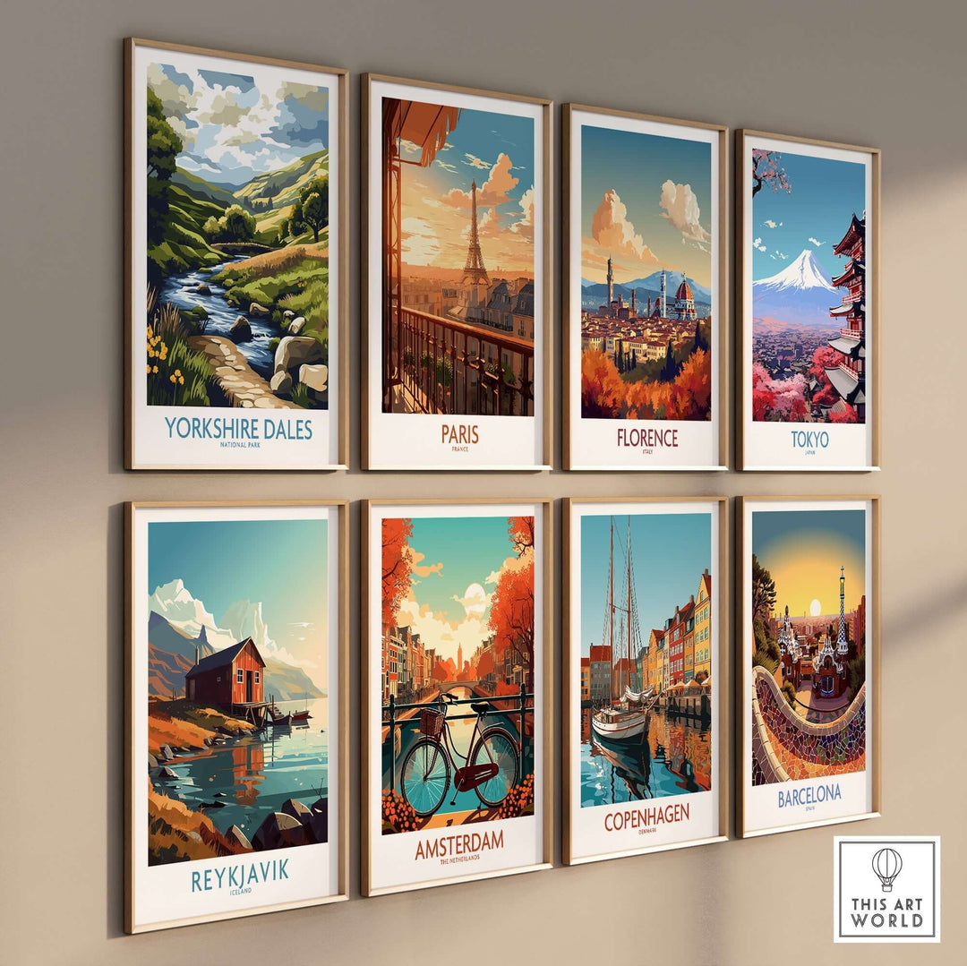 A wall display of travel posters featuring scenic views of Yorkshire Dales, Paris, Florence, Tokyo, Reykjavik, Amsterdam, Copenhagen, and Barcelona.