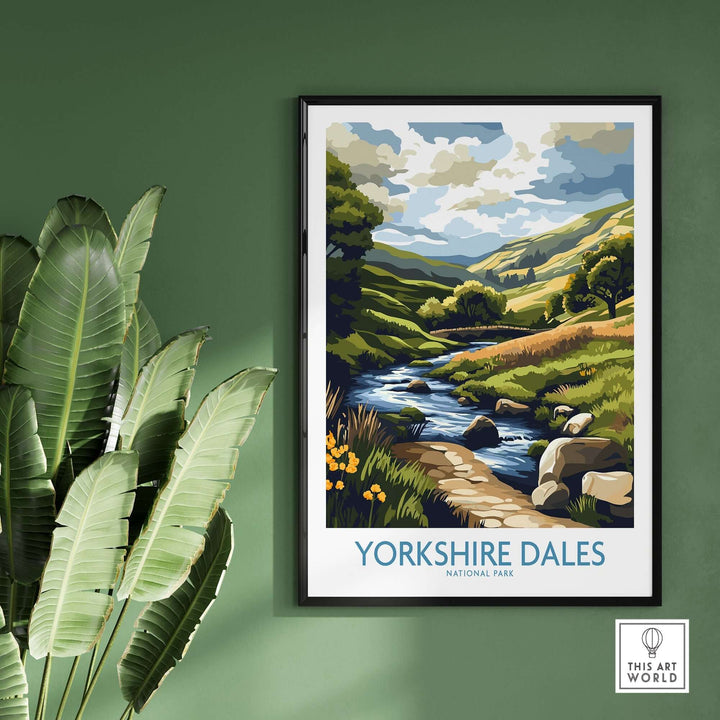 Yorkshire Dales National Park travel poster showcasing lush landscapes and a serene stream, perfect for home decor.