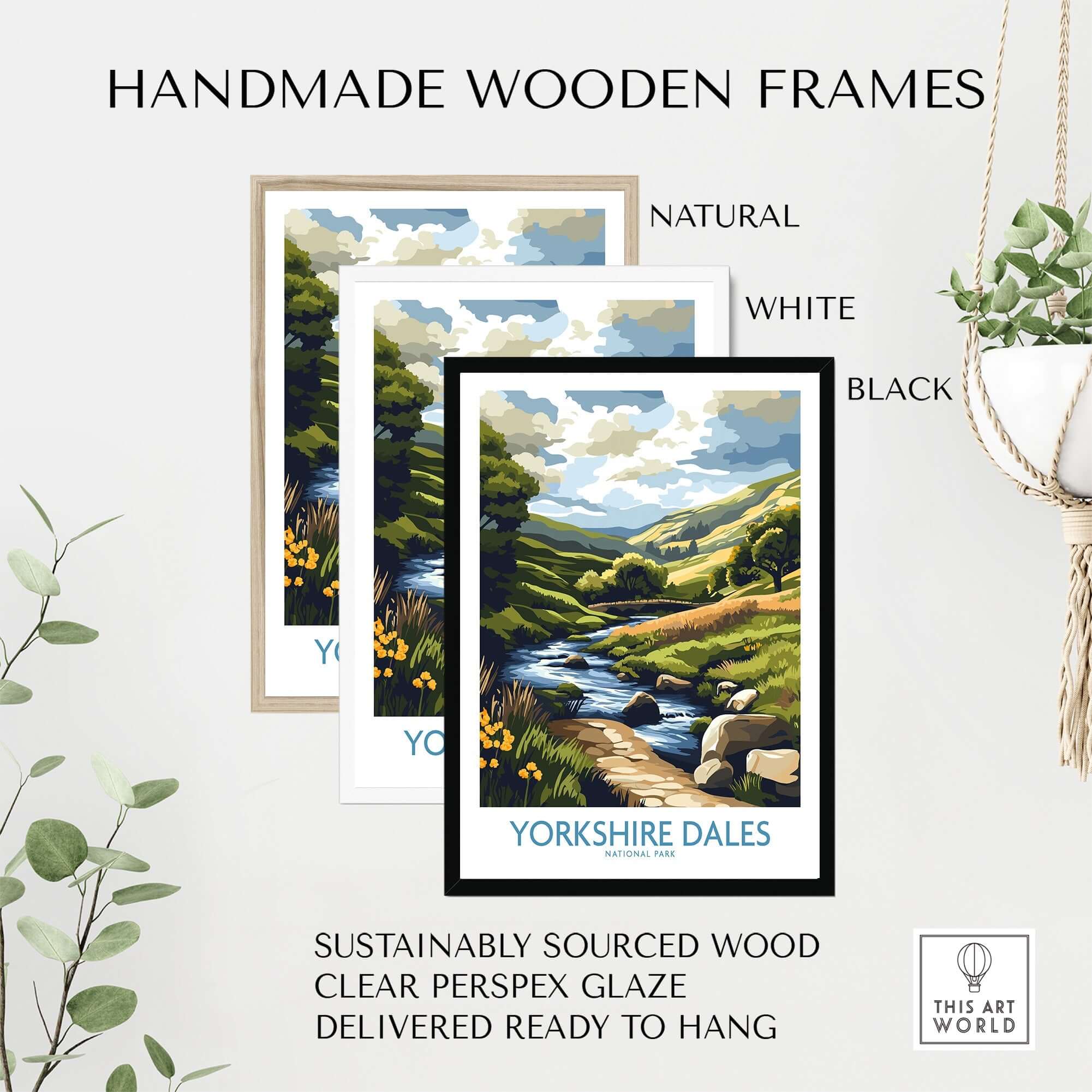 Handmade wooden frames in natural, white, and black for Yorkshire Dales National Park Travel Poster, ready to hang.