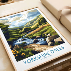 Yorkshire Dales National Park Travel Poster featuring scenic landscapes and a tranquil stream.