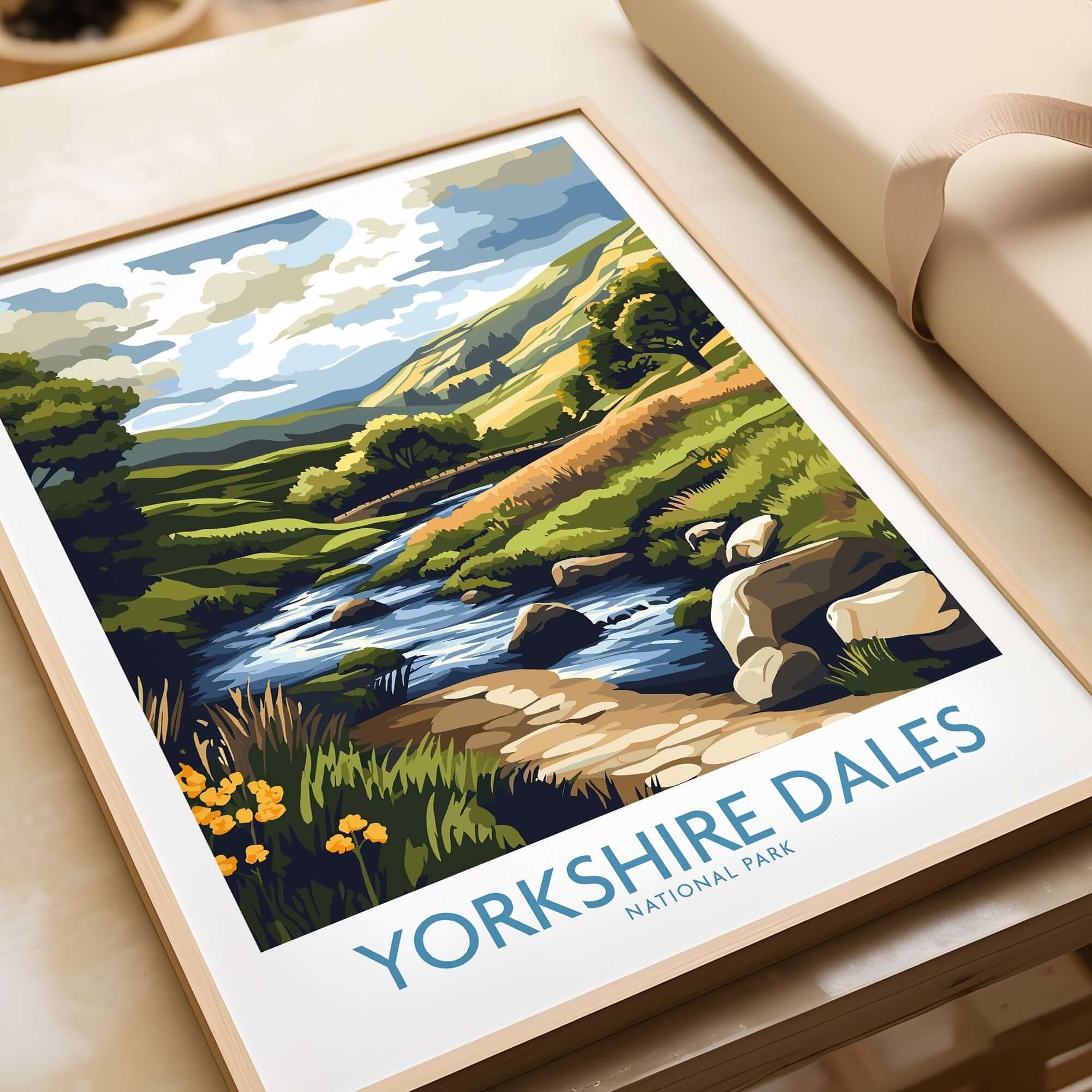 Yorkshire Dales National Park Travel Poster featuring scenic landscapes and a tranquil stream.