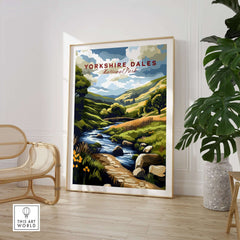 Yorkshire Dales National Park Travel Print showcasing vivid landscapes and serene river view in a stylish home setting.