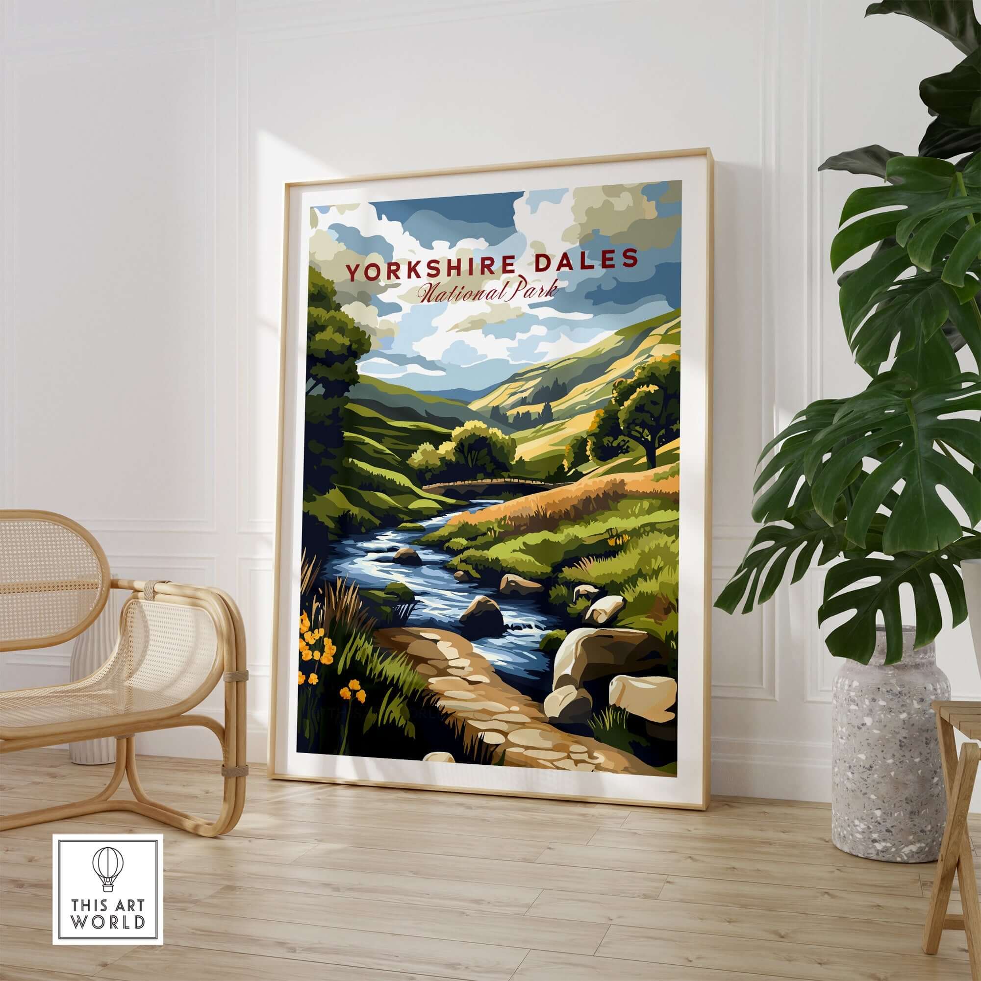 Yorkshire Dales National Park Travel Print showcasing vivid landscapes and serene river view in a stylish home setting.